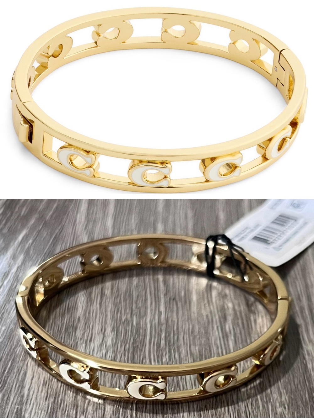 Coach Logo Signature C Open Enamel Hinge Bracelet Bangle White Gold